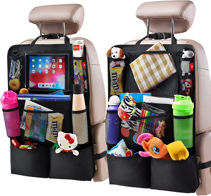 Backseat Car Organizer, Kick Mats Back Seat Protector with Touch Screen Tablet Holder, Back Seat Organizer for Kids, Travel Accessories with 9 Storage Pockets 2 Pack, Black