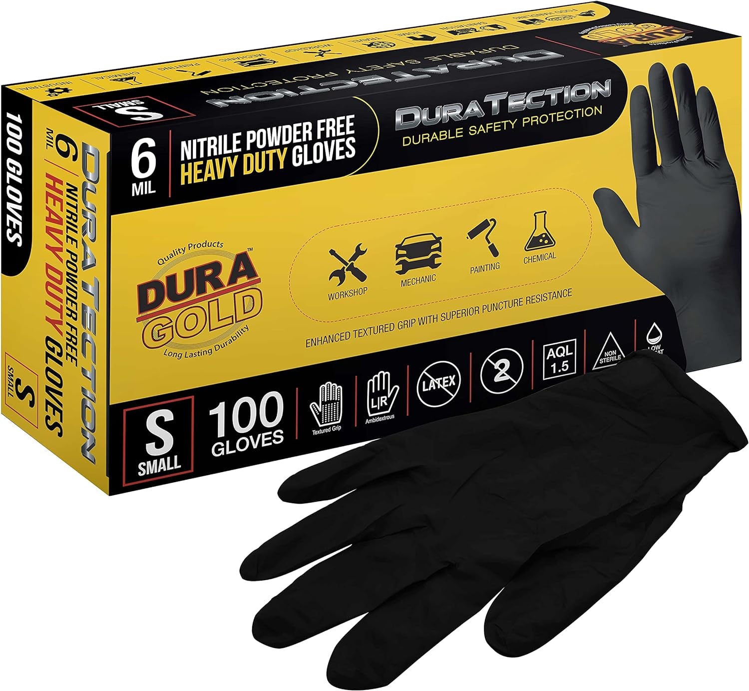 HD Black Nitrile Disposable Gloves, Box of 100, Size Small, 6 Mil - Latex Free, Powder Free, Textured Grip, Food Safe, Small (Pack of 100)