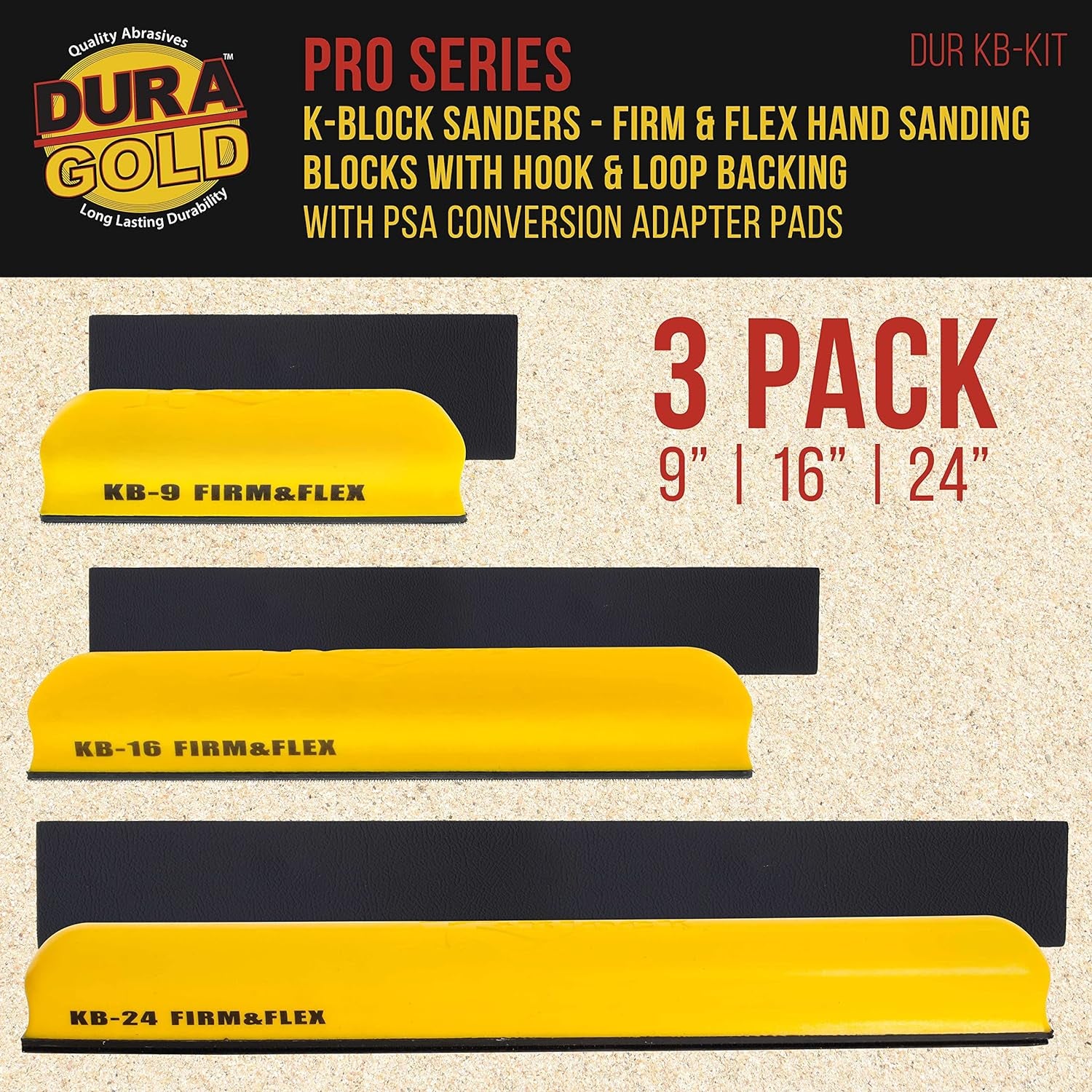 Pro Series K-Block Sander Firm & Flex Hand Sanding Block Kit, 9", 16" and 24" with Hook & Loop Backing and PSA Sandpaper Conversion Adapter Pad, Automotive Marine Paint Prep Sand Woodworking