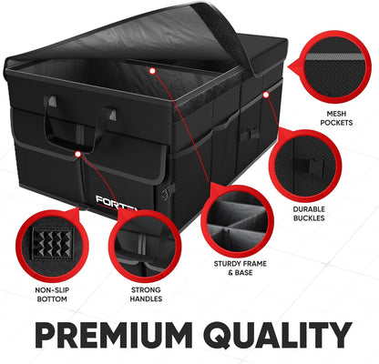 Car Trunk Organizer, Collapsible Multi Compartment Car Organizer, Foldable SUV Storage for Car Accessories for Women Men, Non Slip Bottom, Securing Straps, Soft Cover 50L (Black, Standard)