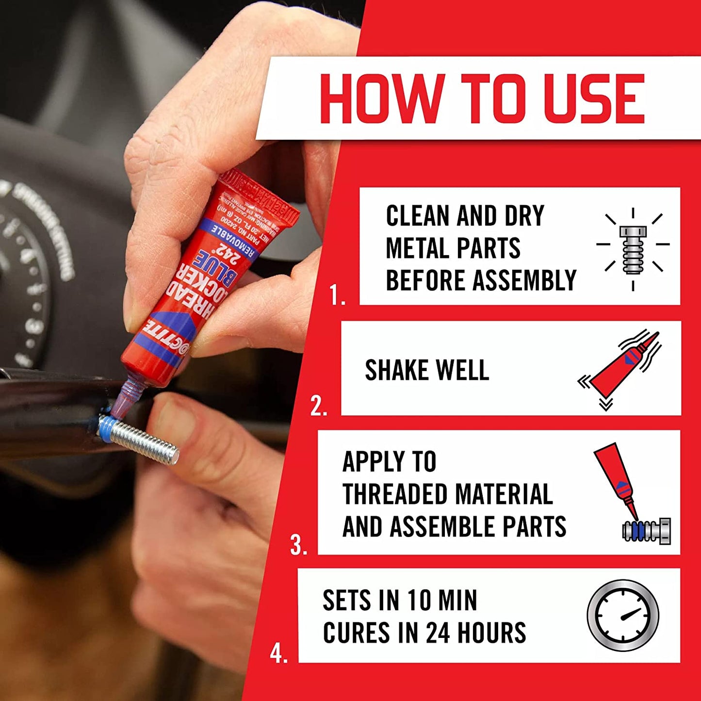 Threadlocker Blue 242 - Removable Thread Lock Glue for Nuts, Bolts, & Fasteners, Medium Strength Screw Glue to Prevent Loosening & Corrosion - 6 Ml, 1 Pack