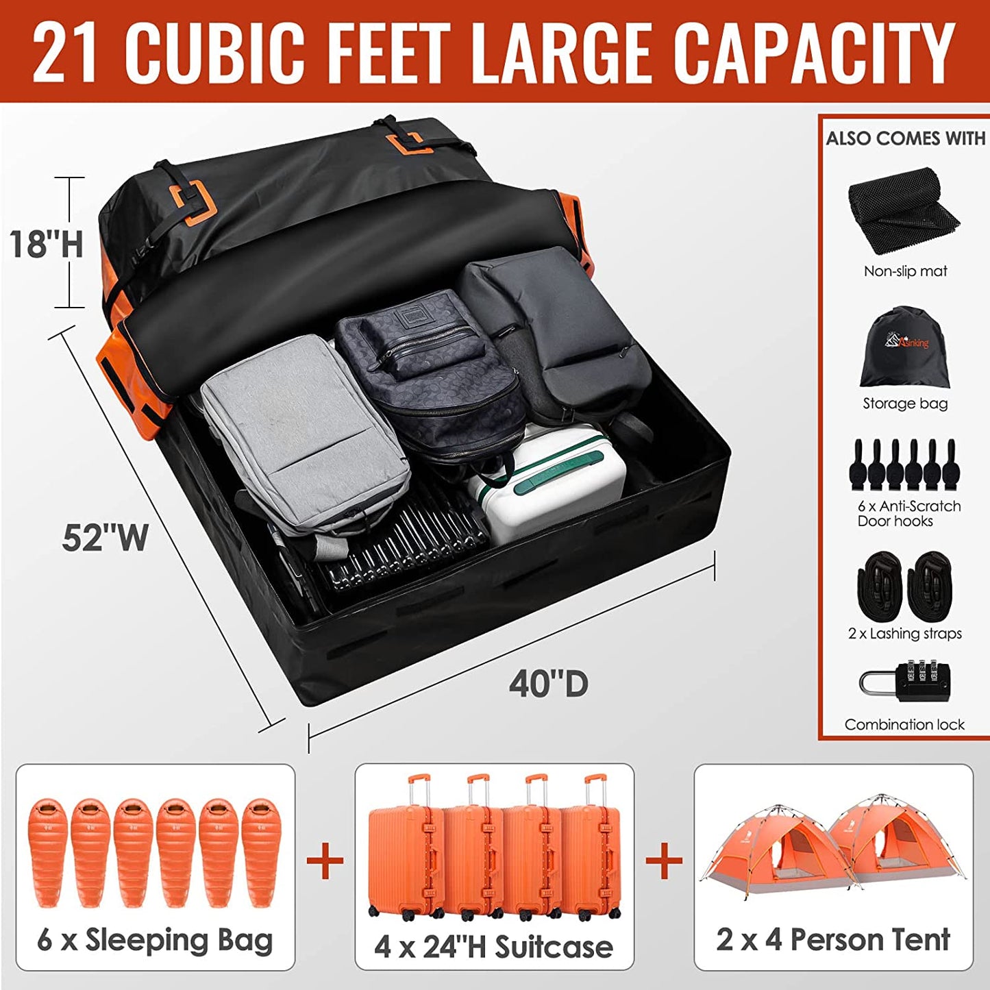 Car  Bag, 21 Cubic Feet 100% Waterproof Heavy Duty 840D Car Roof Bag for All Vehicle With/Without Racks - Anti-Slip Mat, 6 Door Hooks, Storage Bag, 2 Extra Straps