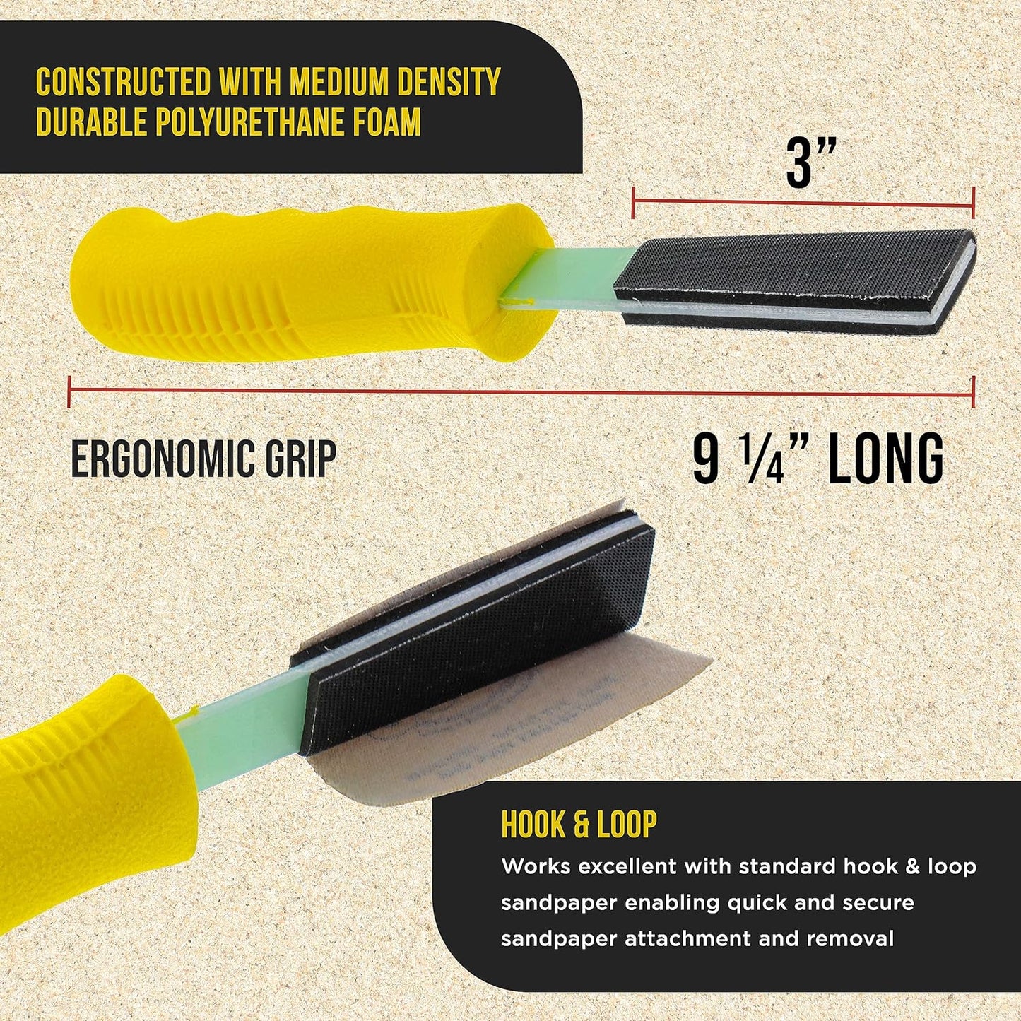 Sanding Stick Kit with Ergo Handle Yellow Flat with 40 Sheet Sandpaper Starter Kit