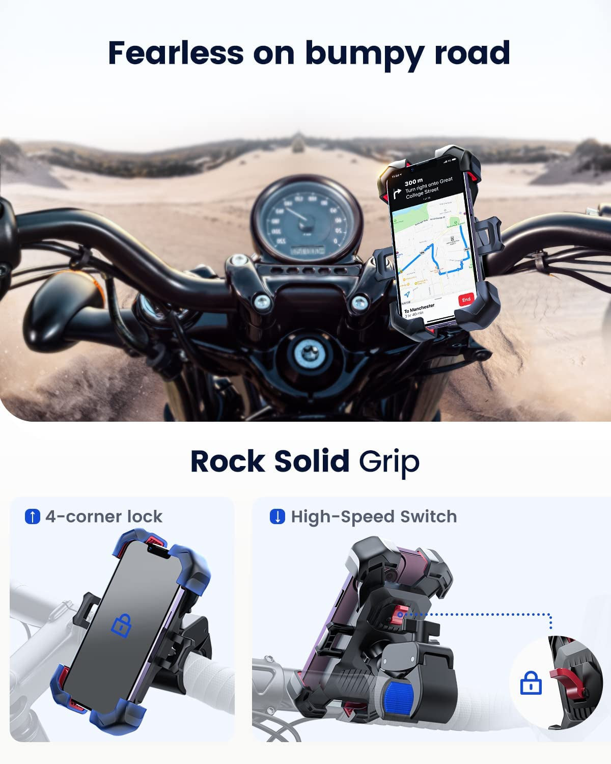 Motorcycle Phone Mount, [1S Auto Lock][100Mph Military Anti-Shake] Bike Phone Holder for Bicycle, [10S Quick Install] Handlebar Phone Mount, Compatible with Iphone, Samsung, All Cell Phone