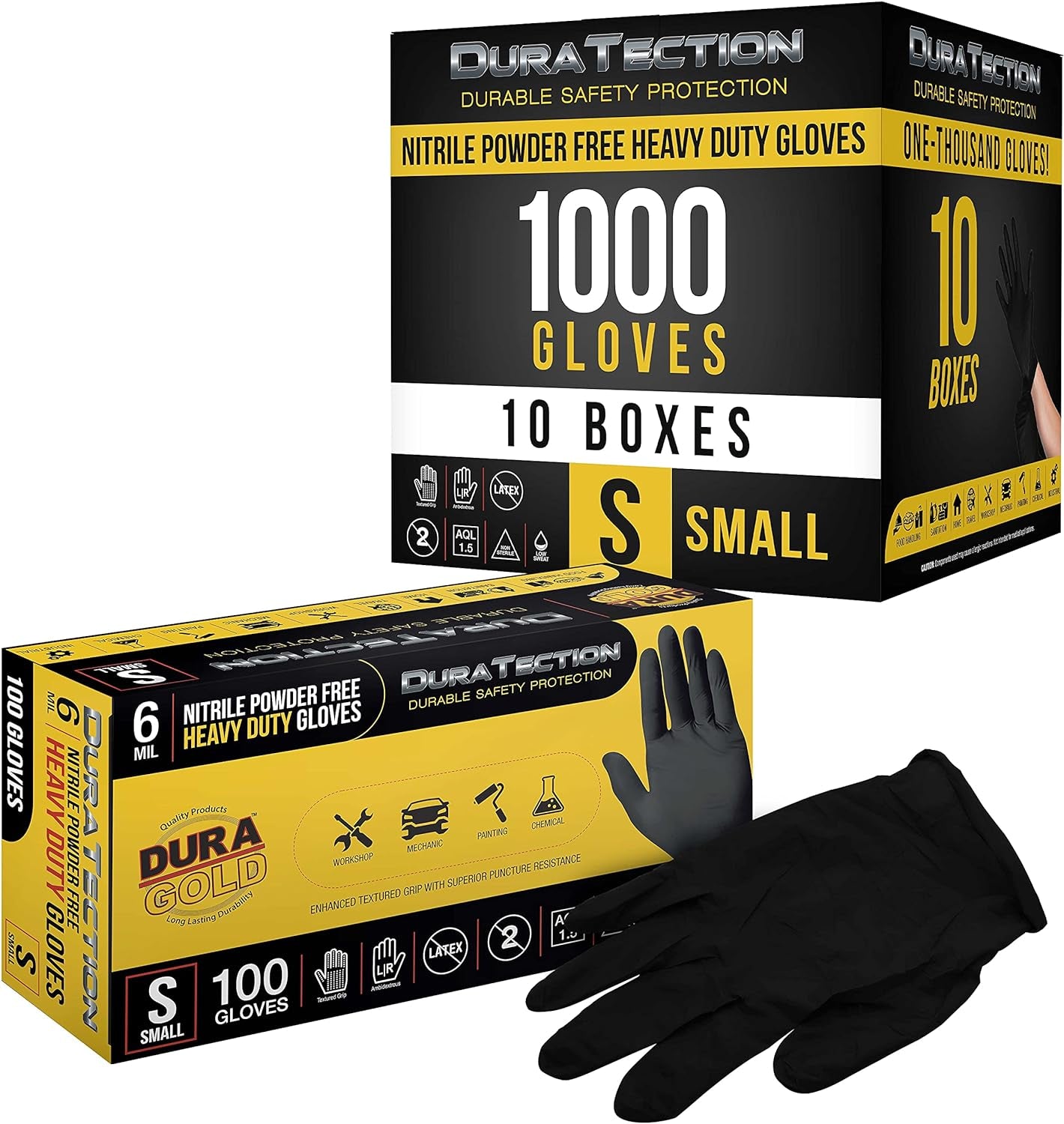 HD Black Nitrile Disposable Gloves, 10 Boxes of 100, Size Small, 6 Mil - Latex Free, Powder Free, Textured Grip