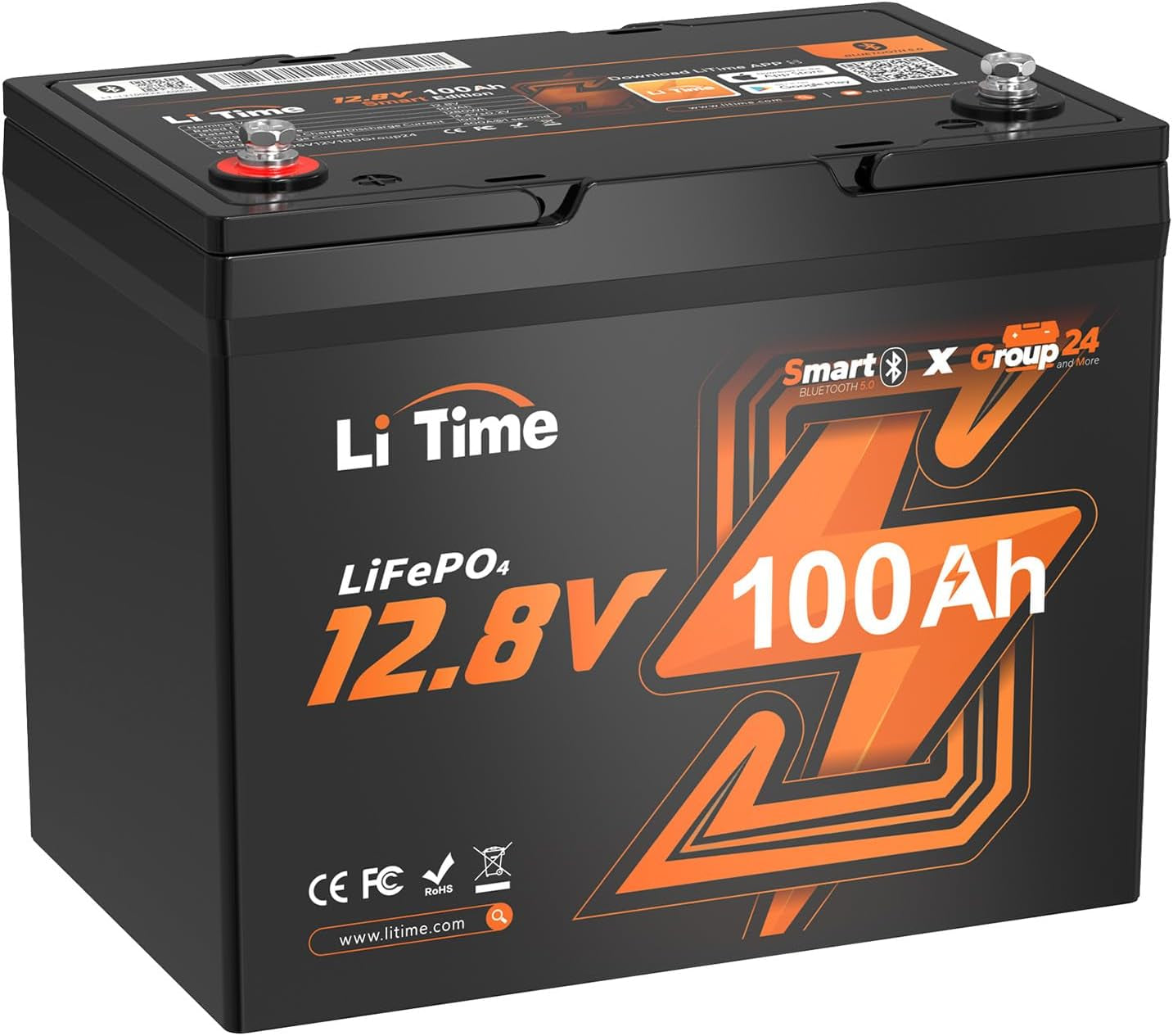 12V 100Ah Group 24 Bluetooth Lifepo4 Battery, Deep Cycle Lithium Battery, Built-In 100A BMS with Low-Temp Protection, Max. 15000 Cycles, Perfect for RV, Solar System, Trolling Motors Etc.