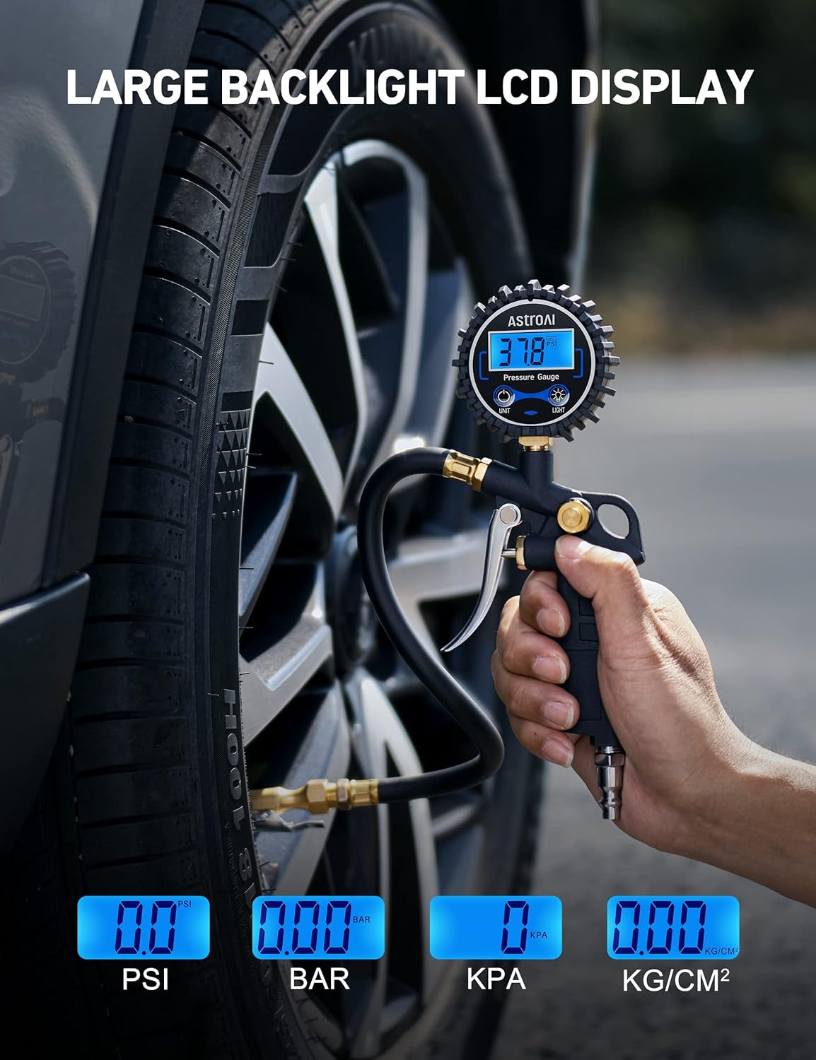 Digital Tire Pressure Gauge with Inflator, 250 PSI Air Chuck & Compressor Accessories Heavy Duty with Quick Connect Coupler, 0.1 Display Resolution, Car Accessories, 1Pack