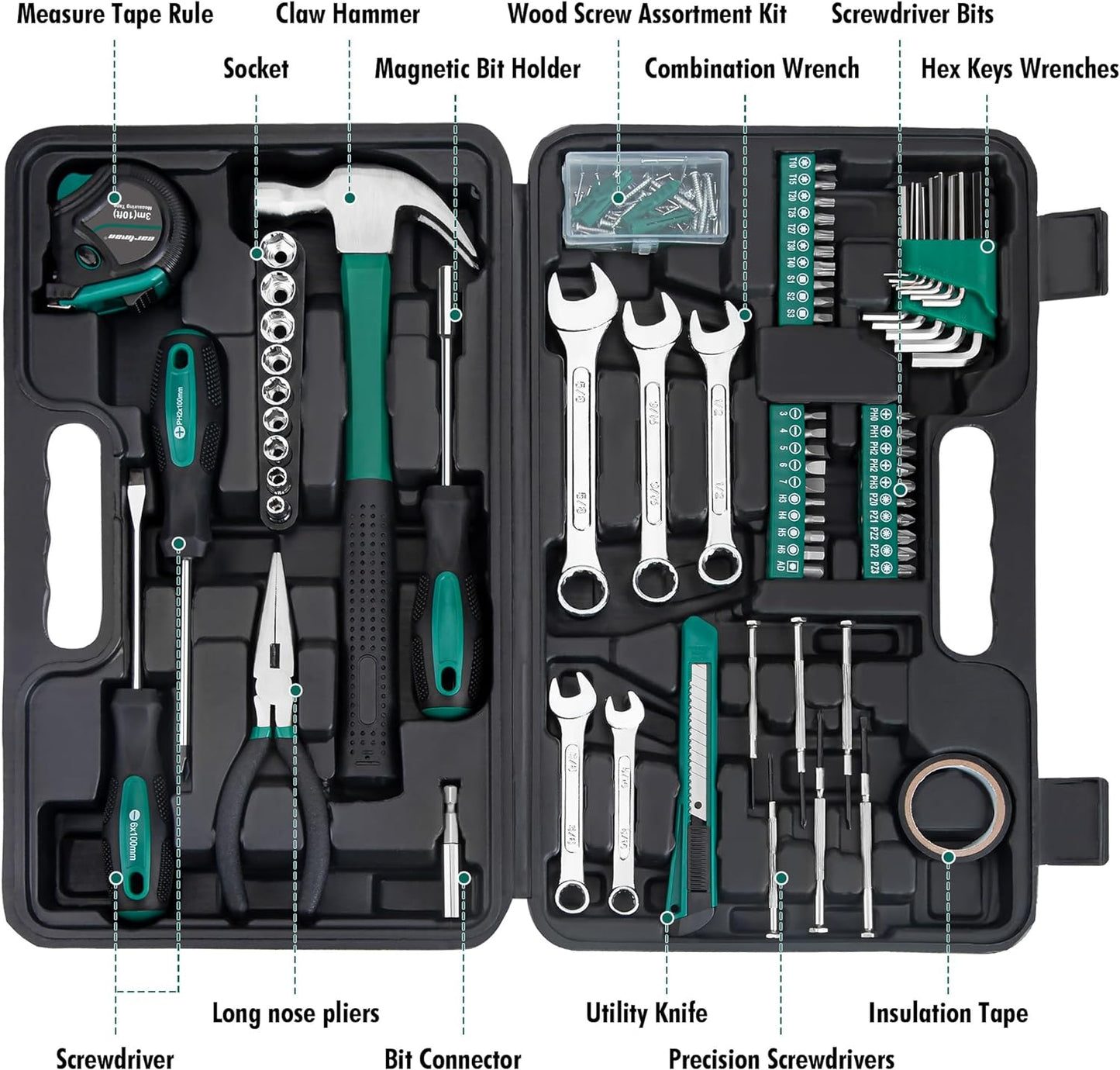 148 Piece Automotive and Household Tool Set - Perfect for Car Enthusiasts and DIY Home Repairs Green