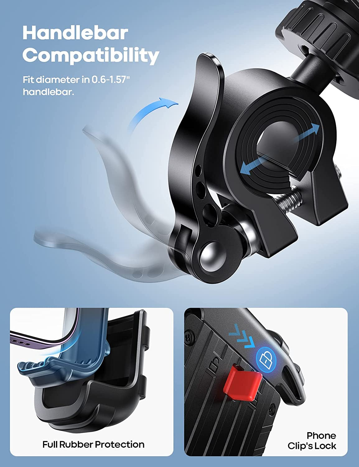 Bike Phone Holder, Motorcycle Phone Mount - Motorcycle Handlebar Cell Phone Clamp, Scooter Phone Clip for Iphone 15 Pro Max/Plus, 14 Pro Max, S9, S10 and More 4.7" to 6.8" Smartphones