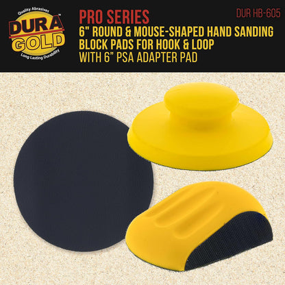 Pro Series 6" round & Mouse-Shaped Hand Sanding Block Pads for Hook & Loop and PSA 6" DA Sanding Discs - PSA Sandpaper Conversion Adapter Pad - Automotive Sand Polish Woodworking Furniture