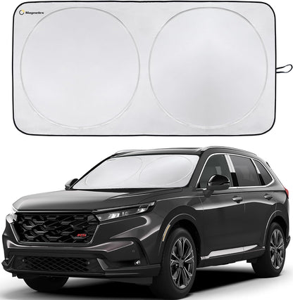 Car Windshield Sunshade with Bonus Steering Wheel Sun Shade. Reflective Polyester Blocks Heat and Sun. Foldable Sun Shield That Keeps Your Vehicle Cool (Large 63 X 33.8 In)