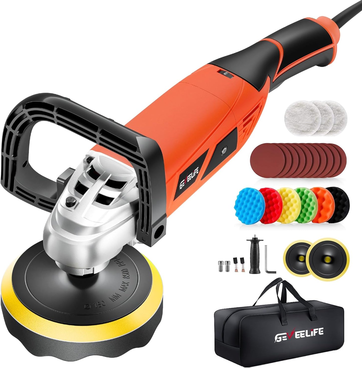 Buffer Polisher, 7 Variable Speed 1600W Rotary Car Buffer Polisher Waxer, 1000-3500 RPM, Detachable Handle for Car, Boat Sanding, Polishing, Waxing/Orange