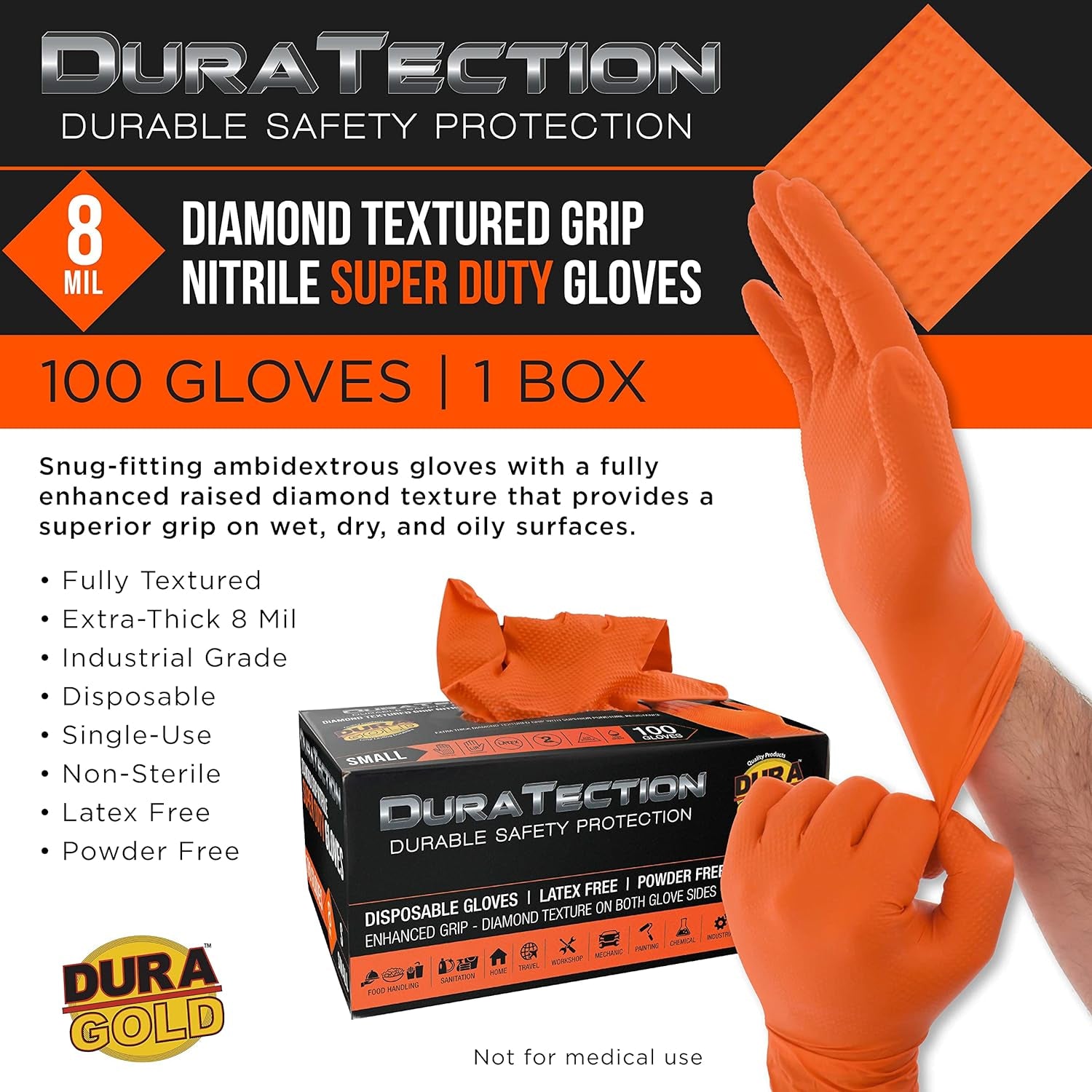 Duratection 8 Mil Orange Super Duty Diamond Textured Nitrile Disposable Gloves