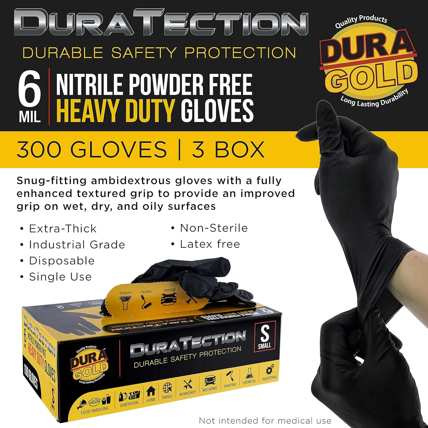 HD Black Nitrile Disposable Gloves, 3 Boxes of 100, Size Small, 6 Mil - Latex Free, Powder Free, Textured Grip, Small (Pack of 300)