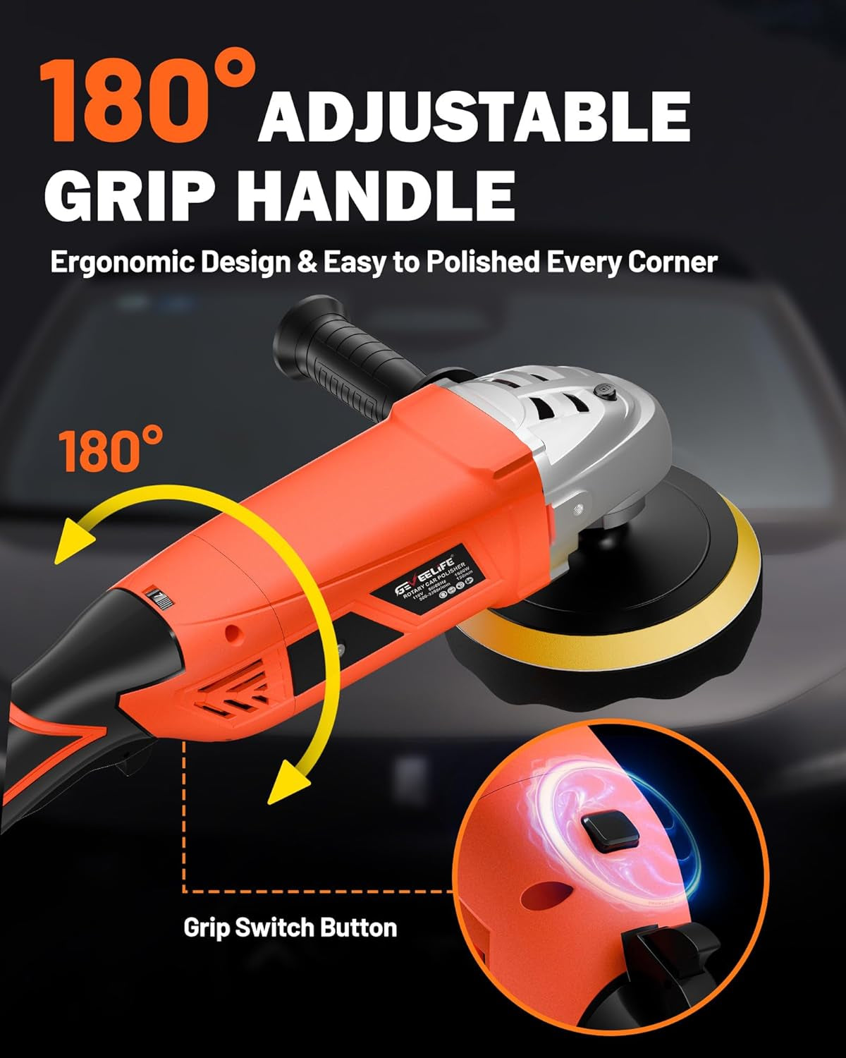 Buffer Polisher, 7 Variable Speed 1600W Rotary Car Buffer Polisher Waxer, 1000-3500 RPM, Detachable Handle for Car, Boat Sanding, Polishing, Waxing/Orange