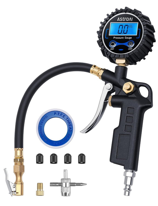 Digital Tire Pressure Gauge with Inflator, 250 PSI Air Chuck & Compressor Accessories Heavy Duty with Quick Connect Coupler, 0.1 Display Resolution, Car Accessories, 1Pack