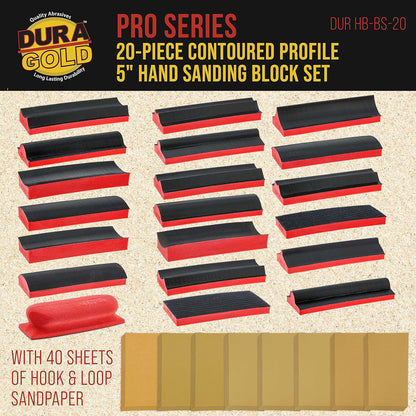 20-Piece Contoured Profile 5" Hand Sanding Block Set with 40 Sheet Hook & Loop Sandpaper Kit - Interchangeable Assorted Convex & Concave Shapes - Sand Wood Woodworking Furniture, Auto Paint