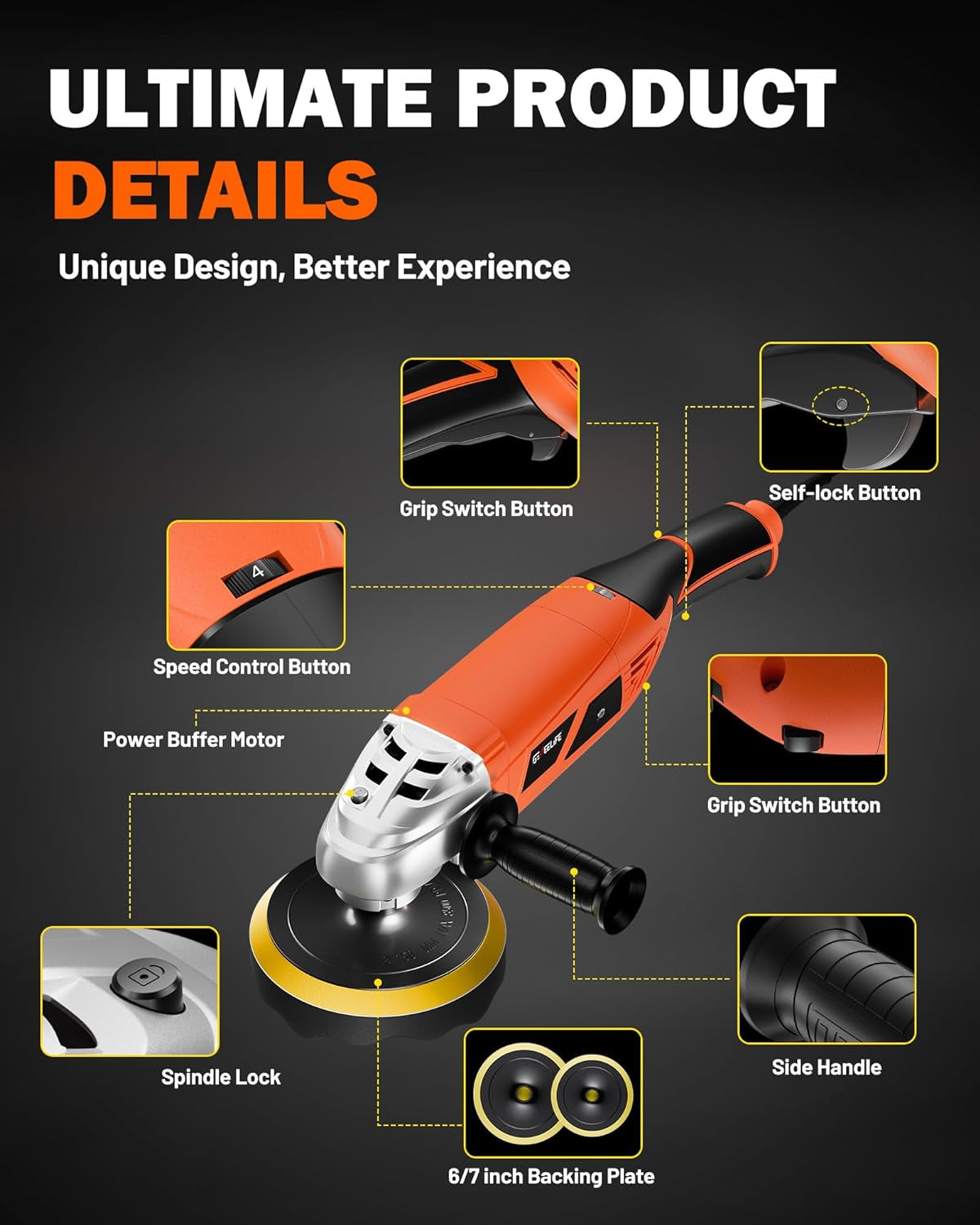 Buffer Polisher, 7 Variable Speed 1600W Rotary Car Buffer Polisher Waxer, 1000-3500 RPM, Detachable Handle for Car, Boat Sanding, Polishing, Waxing/Orange