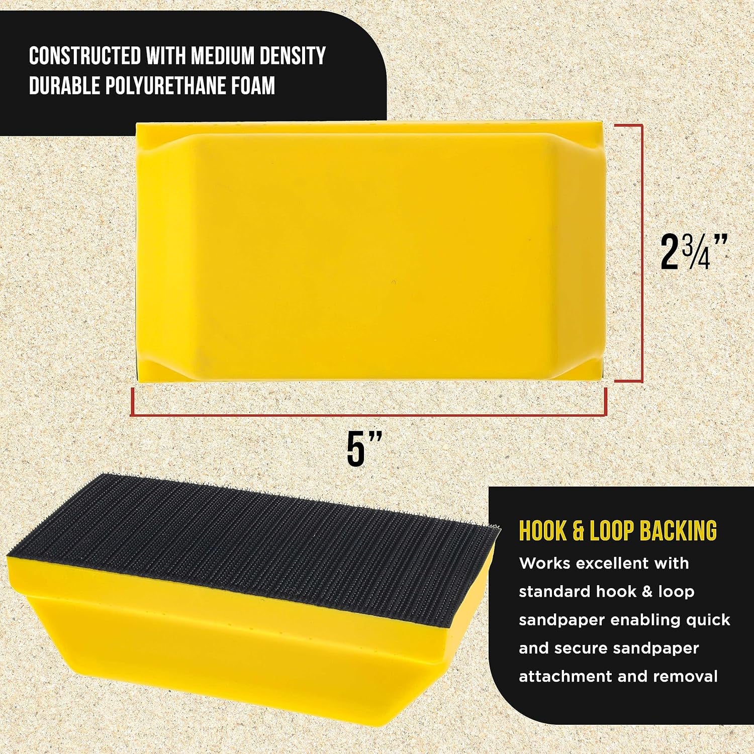 Pro Series Rectangle 5" X 2-3/4" Hand Sanding Block Pad with Hook & Loop Backing and PSA Sandpaper Conversion Adapter Pad - Automotive Paint Prep Sand Shape Contour Woodworking Furniture