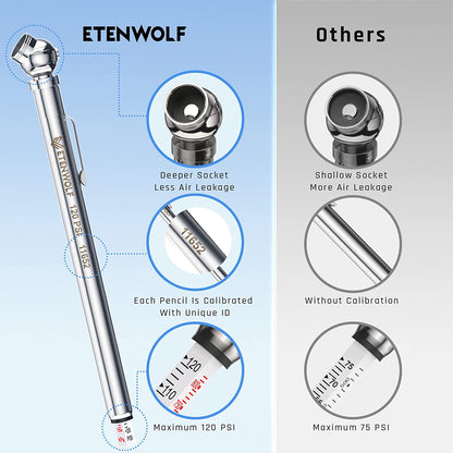 Pencil Tire Pressure Gauge 10-50PSI, 20-120PSI with 16 Tire Caps in 2 Cases, Calibrated to ANSI B40.1 Grade B(2%),Stainless Steel Body, for Cars, Pickups, Rvs, Bicycles