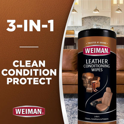 Leather Cleaner & Conditioner Wipes with UV Protection, Prevent Cracking or Fading of Leather Couches, Car Seats, Shoes, Purses - 30 Ct