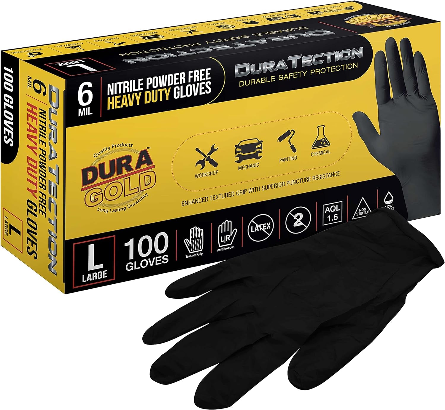 HD Black Nitrile Disposable Gloves, Box of 100, Size Large, 6 Mil - Latex Free, Powder Free, Textured Grip, Food Safe