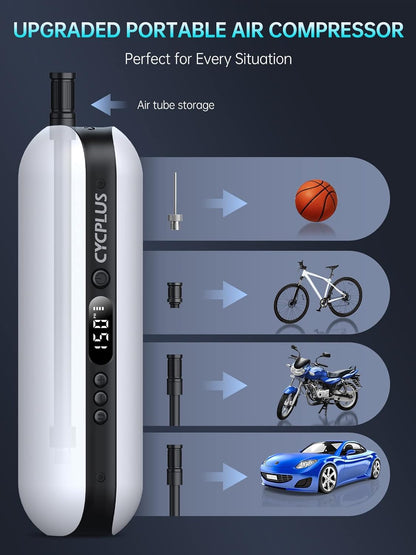 Electric Air Compressor Portable Bicycle Pump Car Tire Inflator, Max 150 PSI, Auto Shut-Off Air Pump with Presta and Schrader Valves for All Bicycles Motorcycles and Cars（White）