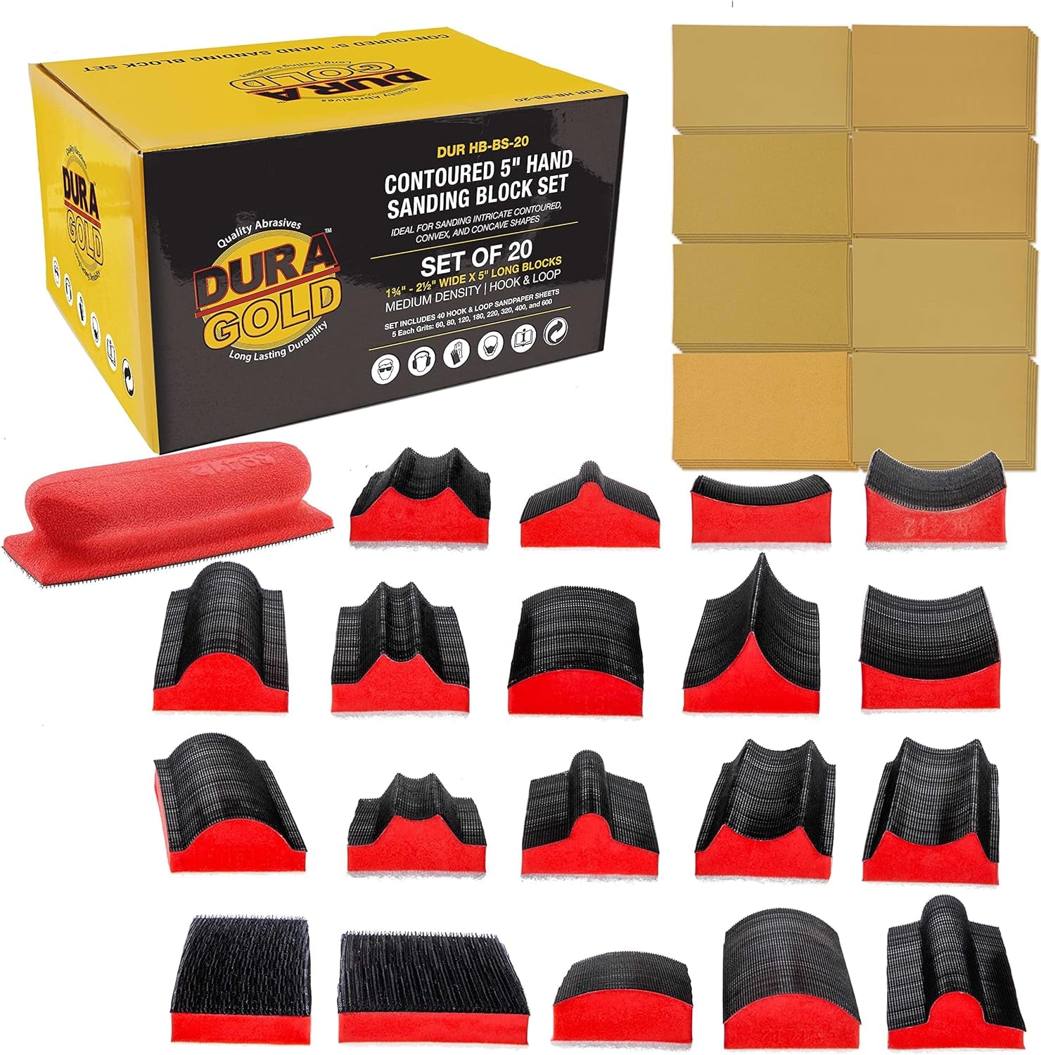 20-Piece Contoured Profile 5" Hand Sanding Block Set with 40 Sheet Hook & Loop Sandpaper Kit - Interchangeable Assorted Convex & Concave Shapes - Sand Wood Woodworking Furniture, Auto Paint