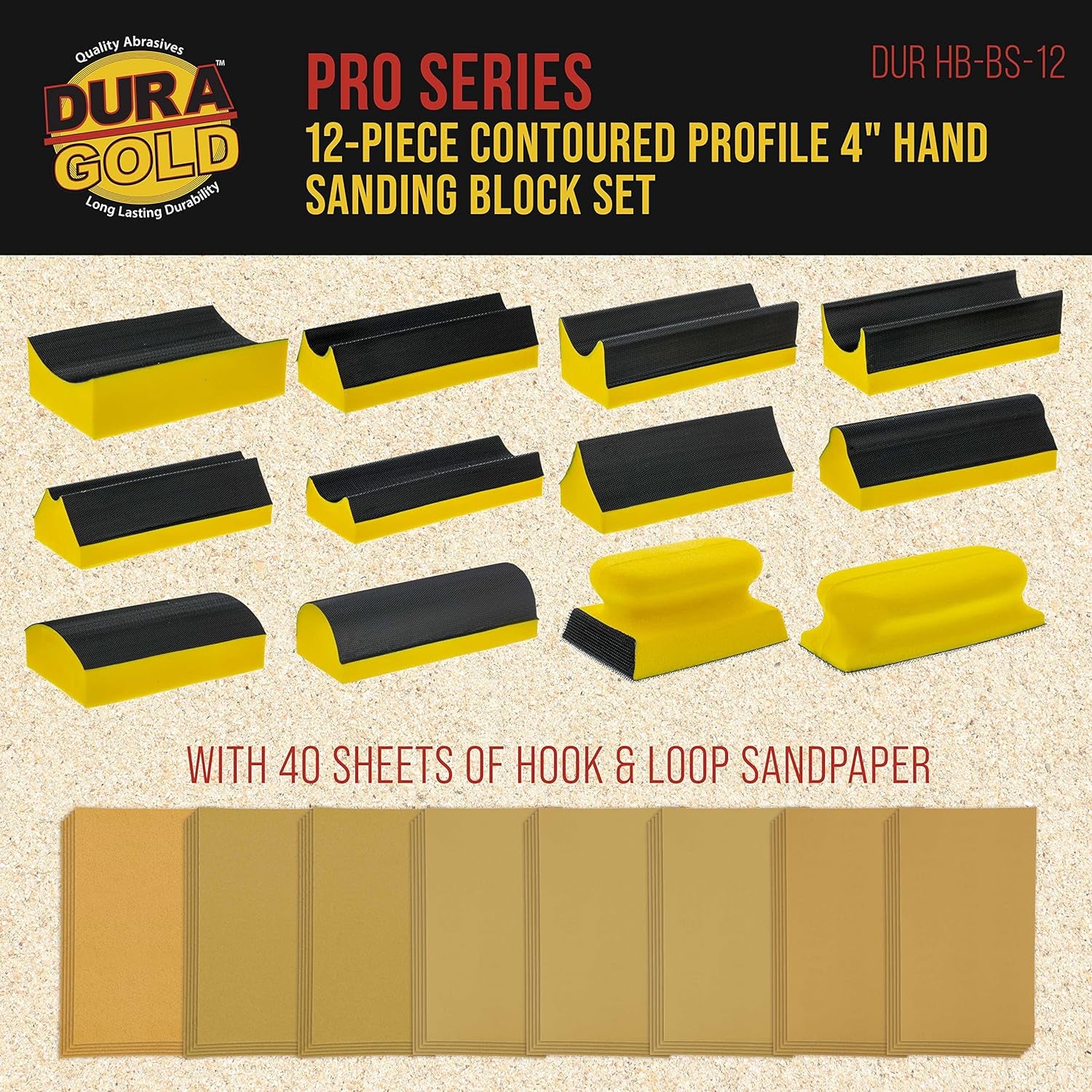 12-Piece Contoured Profile 4" Hand Sanding Block Set with 40 Sheet Hook & Loop Sandpaper Kit - Interchangeable Assorted Convex & Concave Shapes - Sand Wood Woodworking Furniture, Auto Paint