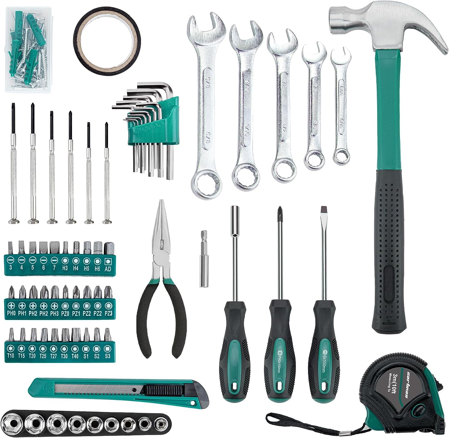 148 Piece Automotive and Household Tool Set - Perfect for Car Enthusiasts and DIY Home Repairs Green