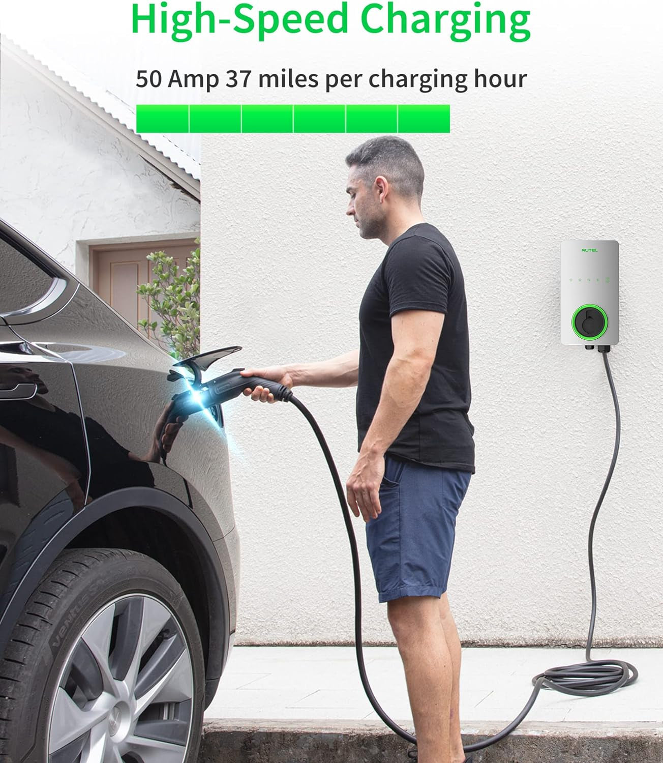 Home Level 2 EV Charger up to 50Amp, 240V, Indoor/Outdoor Car Charging Station, Flexible 25-Foot Cable,Hardwired, Silver