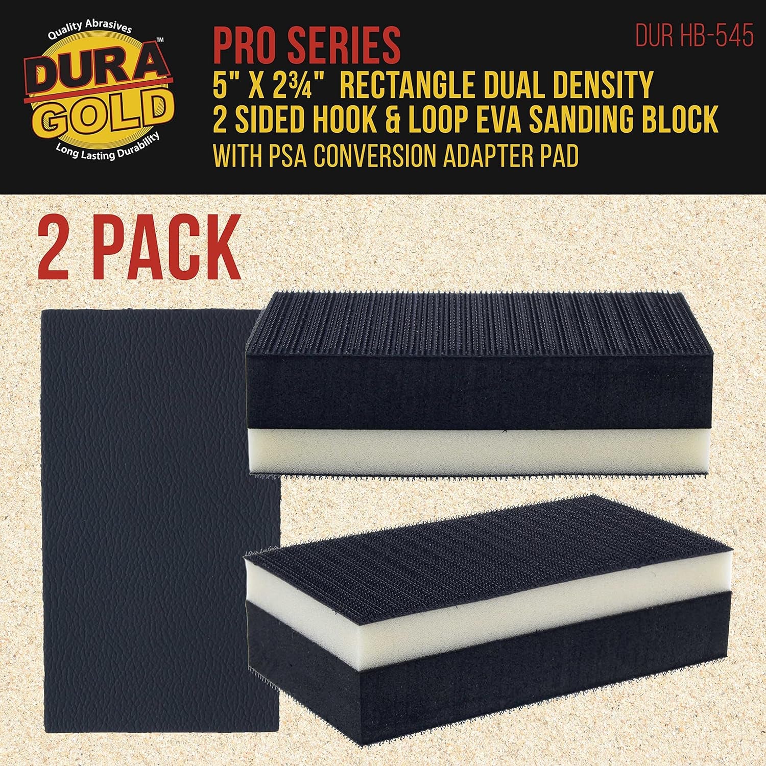 Pro Series Rectangle 5" X 2-3/4" Dual Density 2 Sided EVA Sanding Block, Hook & Loop Backing, 2 Pack - PSA Sandpaper Conversion Adapter Pad - Automotive Paint Prep Sand Woodworking Furniture