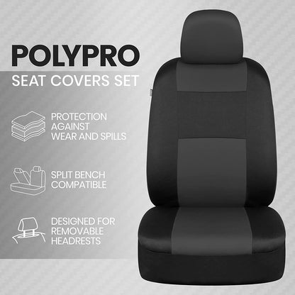 Polypro Car Seat Covers Full Set in Charcoal on Black – Front and Rear Split Bench for Cars, Easy to Install Cover Set, Accessories Auto Trucks Van SUV