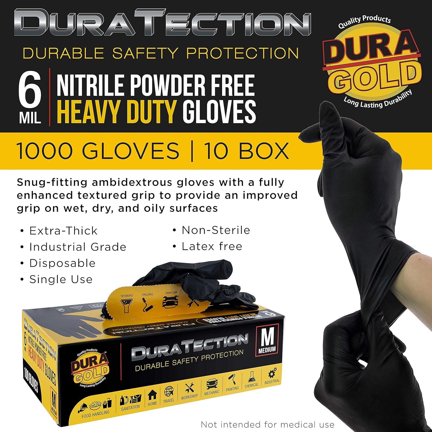 HD Black Nitrile Disposable Gloves, 10 Boxes of 100, Size Medium, 6 Mil - Latex Free, Powder Free, Textured Grip, Medium (Pack of 1000)