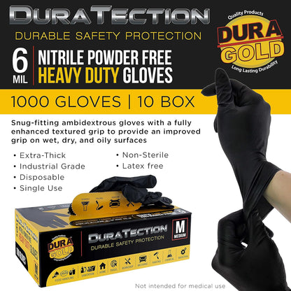 HD Black Nitrile Disposable Gloves, 10 Boxes of 100, Size Medium, 6 Mil - Latex Free, Powder Free, Textured Grip, Medium (Pack of 1000)