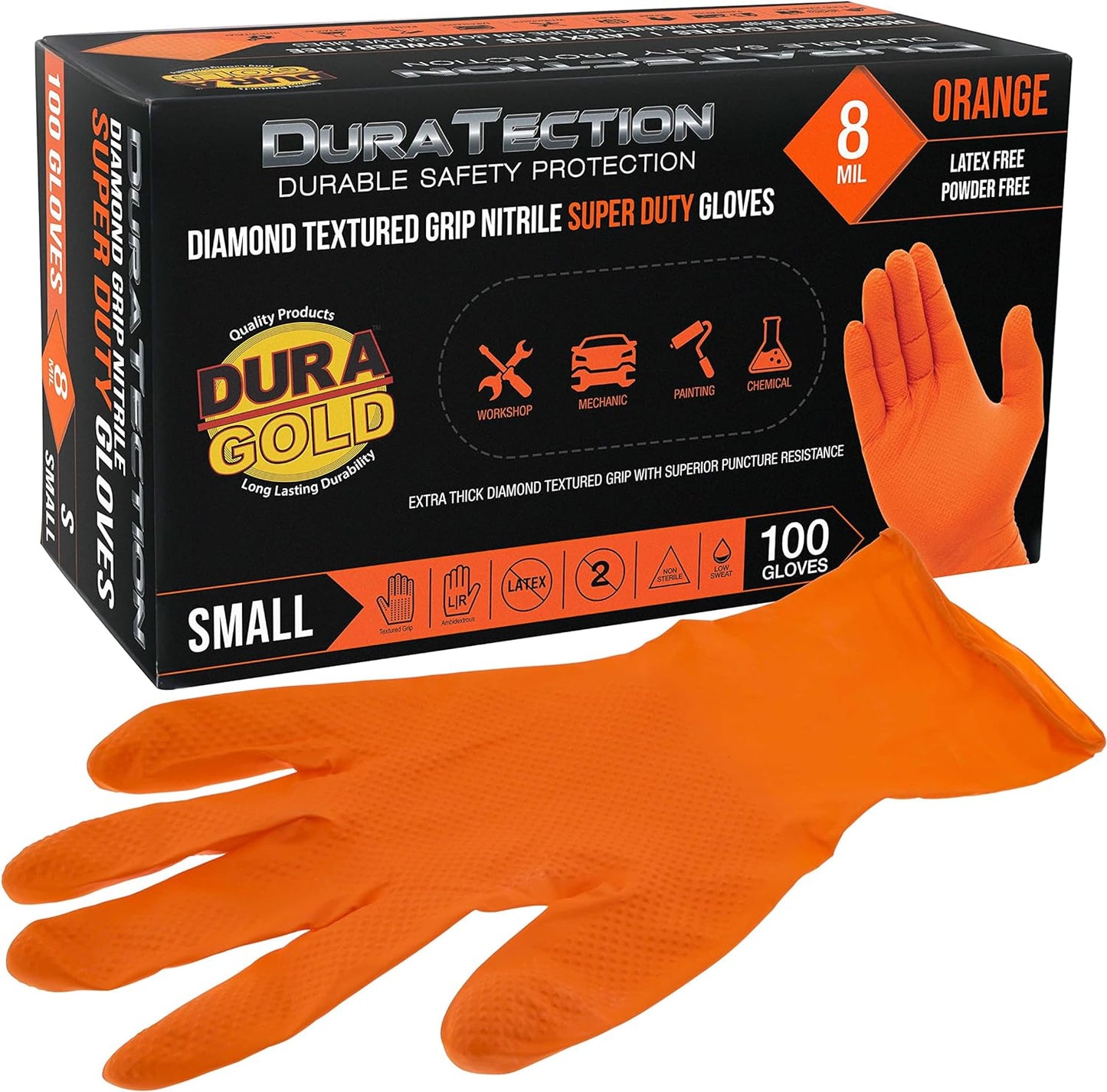 Duratection 8 Mil Orange Super Duty Diamond Textured Nitrile Disposable Gloves