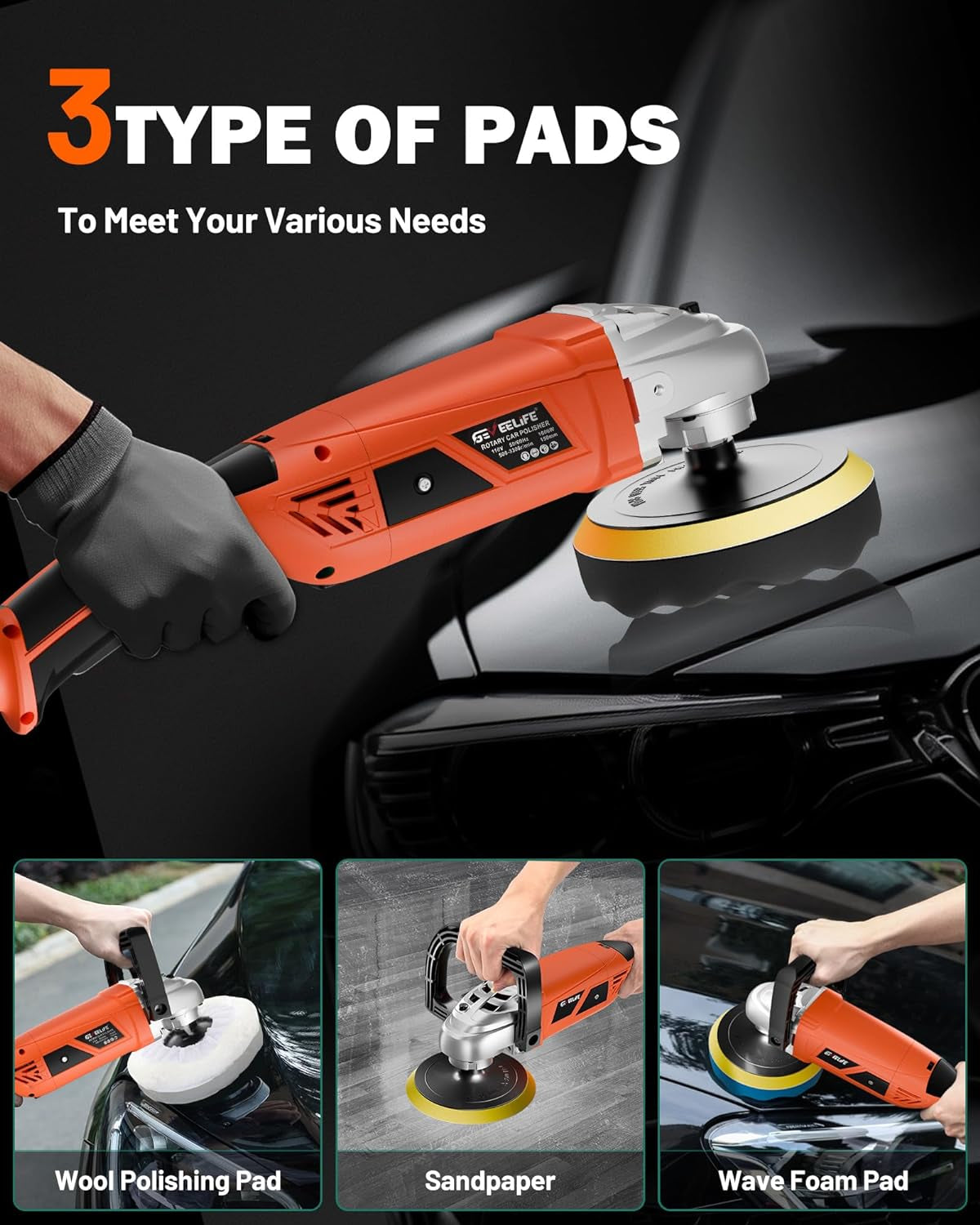 Buffer Polisher, 7 Variable Speed 1600W Rotary Car Buffer Polisher Waxer, 1000-3500 RPM, Detachable Handle for Car, Boat Sanding, Polishing, Waxing/Orange