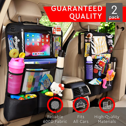 Backseat Car Organizer, Kick Mats Back Seat Protector with Touch Screen Tablet Holder, Back Seat Organizer for Kids, Travel Accessories with 9 Storage Pockets 2 Pack, Black