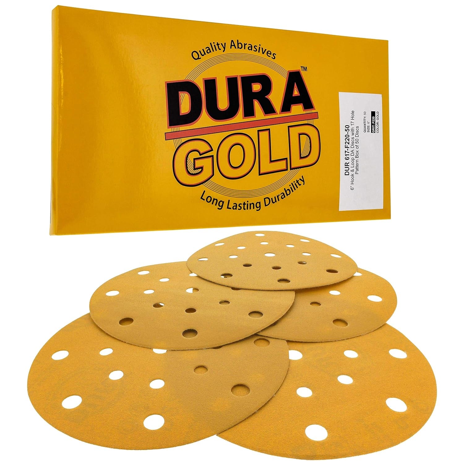 Premium 6" Gold Sanding Discs - 220 Grit (Box of 50) - 17 Hole Pattern Dustless Hook & Loop Backing Sandpaper for DA Sanders, Aluminum Oxide Abrasive - Sand Automotive Paint Woodworking Wood