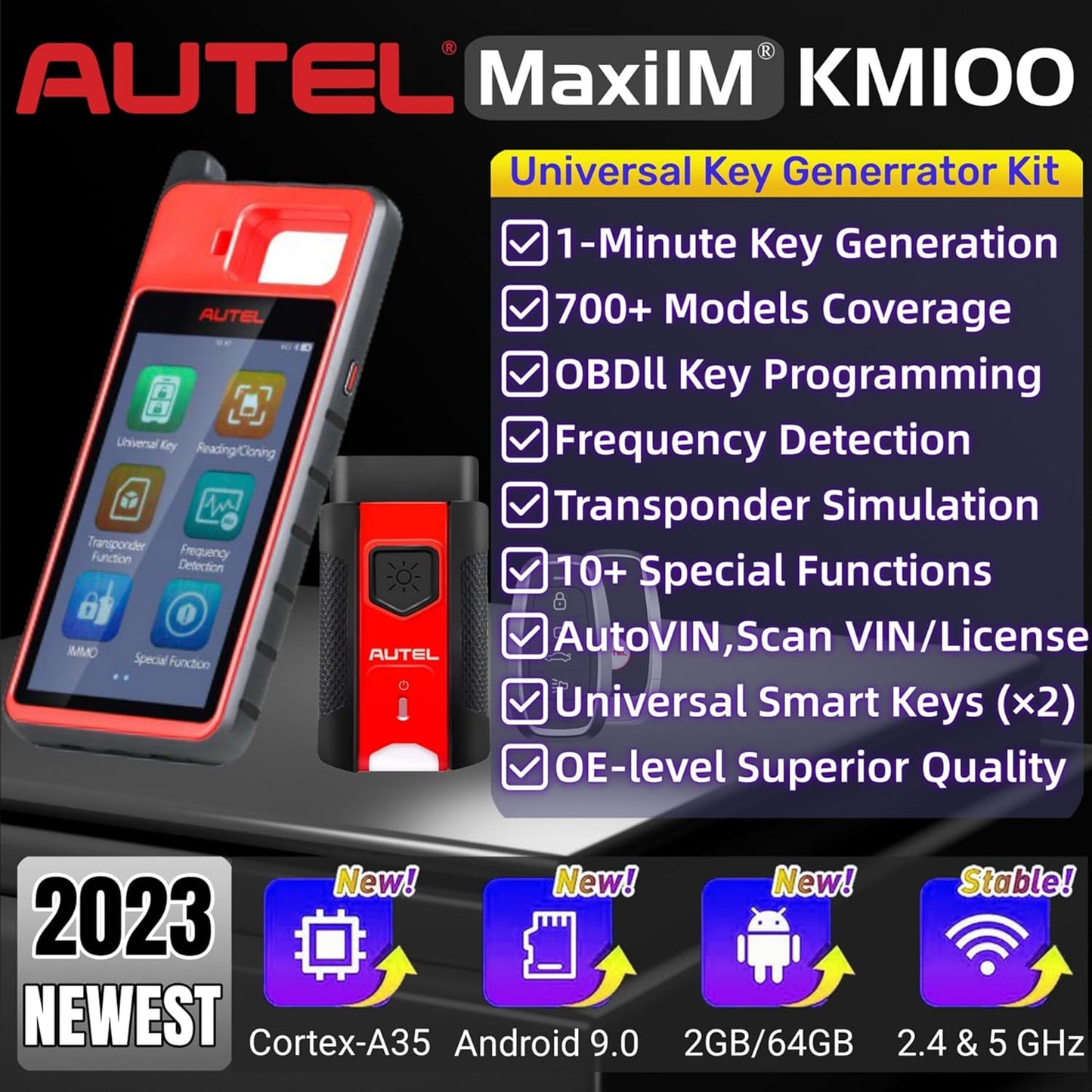 Maxiim KM100 Key Fob Programming Tool, Lifetime Free Updates, Lite of IM508 S IM608 PRO, 60S Key Generation, OBD IMMO Learning on 99% Cars, Built-In APB112, 2PCS Ikeys