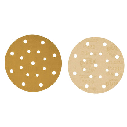 Premium 6" Gold Sanding Discs - 220 Grit (Box of 50) - 17 Hole Pattern Dustless Hook & Loop Backing Sandpaper for DA Sanders, Aluminum Oxide Abrasive - Sand Automotive Paint Woodworking Wood