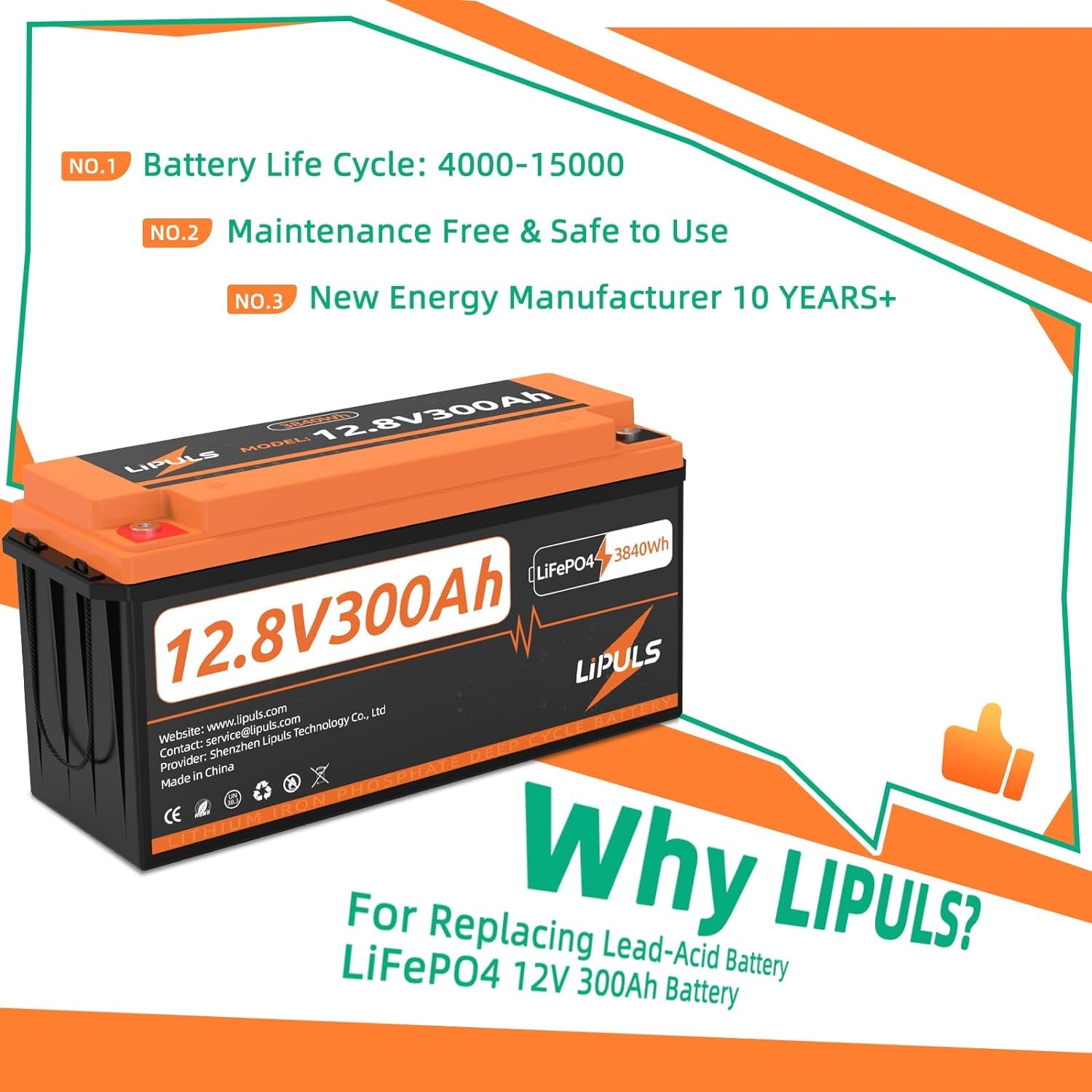 12V 300Ah Lifepo4 Lithium Battery, Built-In 200A BMS, Max.3840Wh Deep Cycle Battery, up to 15000 Cycles, 10-Year Lifetime, Perfect for RV, Camping, Solar Energy Storage, Off-Grid, Fishing