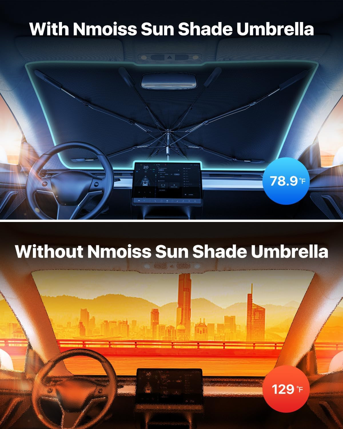 [2024 Upgrade]  Windshield Sun Shade Umbrella for Car - [Newest Vinyl Coating] Protect Car from Sun Rays & Heat Damage Keep Cool and Protect Interior, Spring Structure Edge Medium (56"L X 33"W)