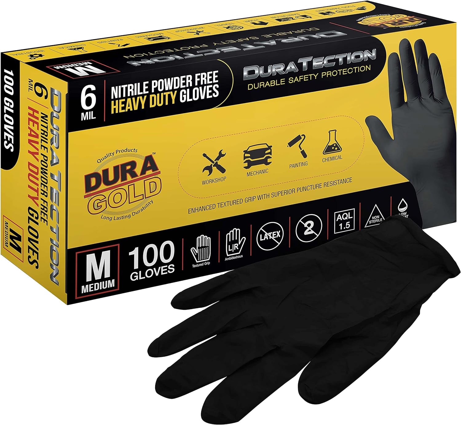 HD Black Nitrile Disposable Gloves, Box of 100, Size Medium, 6 Mil - Latex Free, Powder Free, Textured Grip, Food Safe, Medium (Pack of 100)