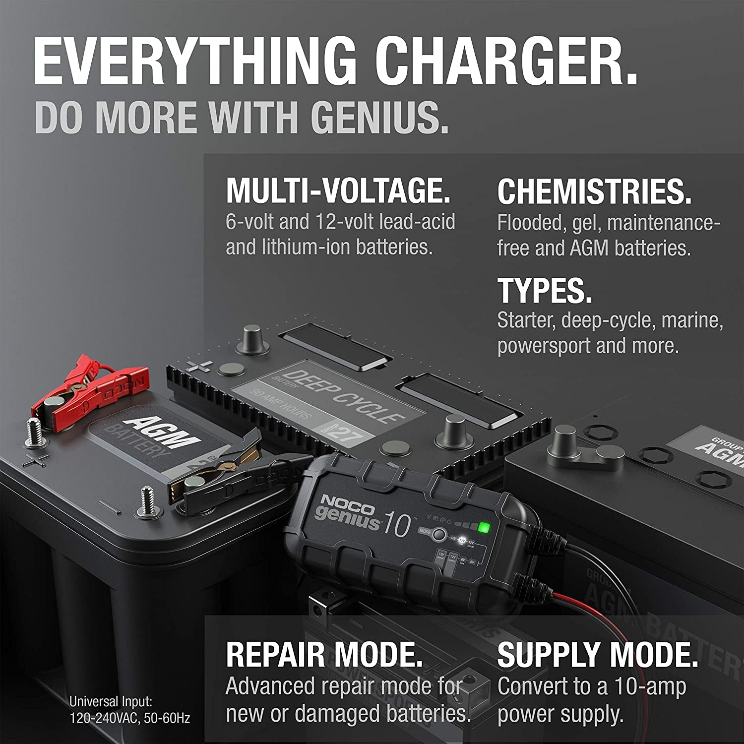 GENIUS10, 10A Smart Car Battery Charger, 6V and 12V Automotive Charger, Battery Maintainer, Trickle Charger, Float Charger and Desulfator for Motorcycle, ATV, Lithium and Deep Cycle Batteries