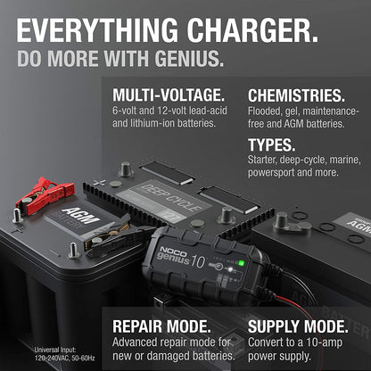 GENIUS10, 10A Smart Car Battery Charger, 6V and 12V Automotive Charger, Battery Maintainer, Trickle Charger, Float Charger and Desulfator for Motorcycle, ATV, Lithium and Deep Cycle Batteries