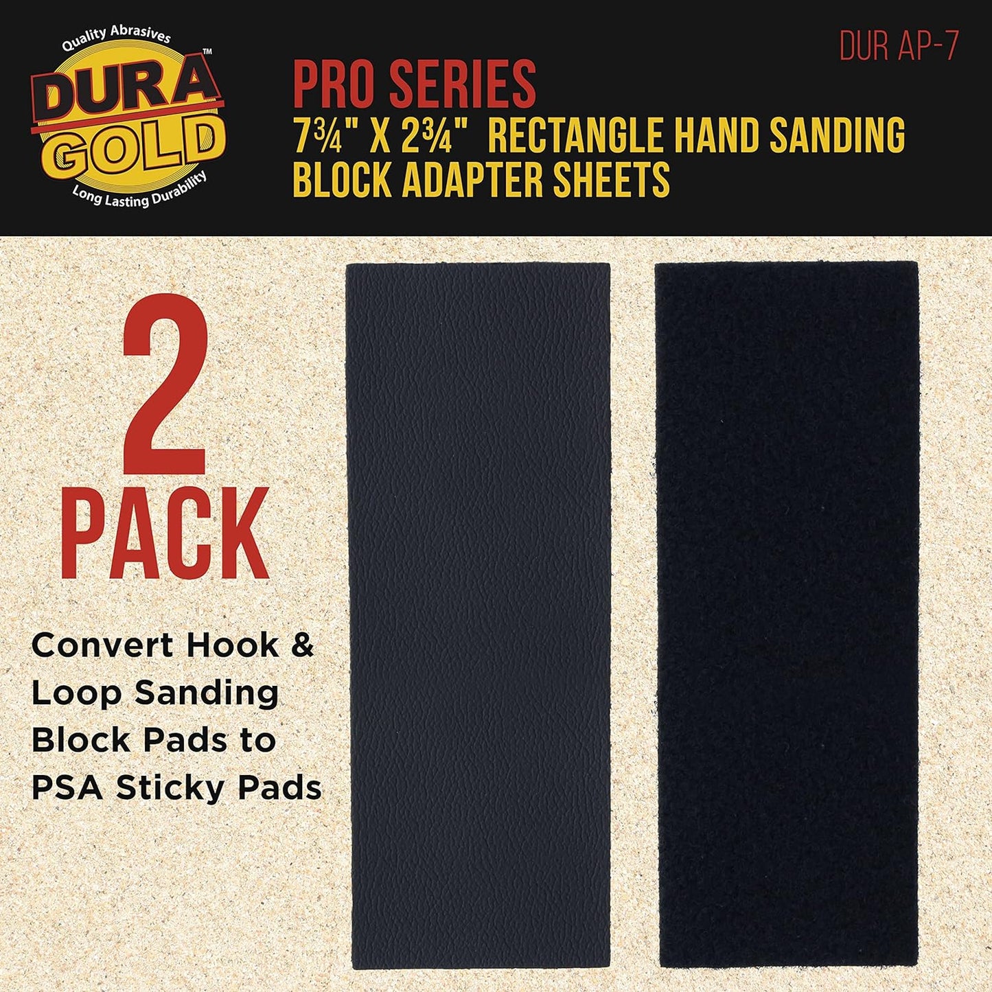 Pro Series Rectangle 7-3/4" X 2-3/4" Hand Sanding Block Adaptor Sheets to Convert Hook & Loop Sanding Block Pads to PSA Sticky Pads, 2 Sheet Pack (Sanding Blocks Not Included)