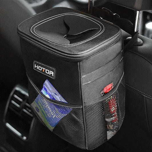 Car Trash Can with Lid and Storage Pockets - 100% Leak-Proof Organizer, Waterproof Garbage Can, Multipurpose Trash Bin for Car, 2 Gallons, Black