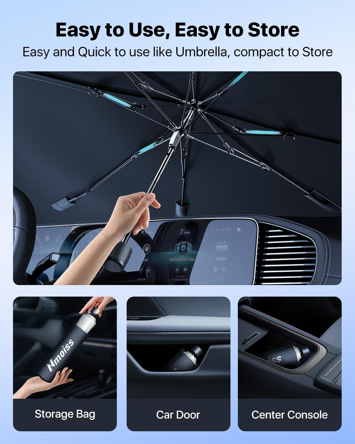 [2024 Upgrade]  Windshield Sun Shade Umbrella for Car - [Newest Vinyl Coating] Protect Car from Sun Rays & Heat Damage Keep Cool and Protect Interior, Spring Structure Edge Medium (56"L X 33"W)