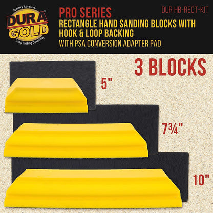 Pro Series Classic Rectangle Hand Sanding Block Kit with 3 Blocks, 5", 7-3/4" and 10" Set, Hook & Loop Backing and PSA Sandpaper Conversion Adapter Pad - Auto Paint Prep Sand Woodworking